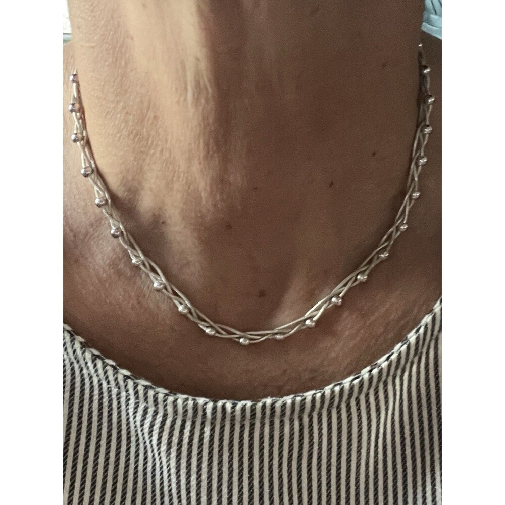 Vintage Style Silver Tone Woven Multi Strand Bead Necklace Modernist 1980s 90s